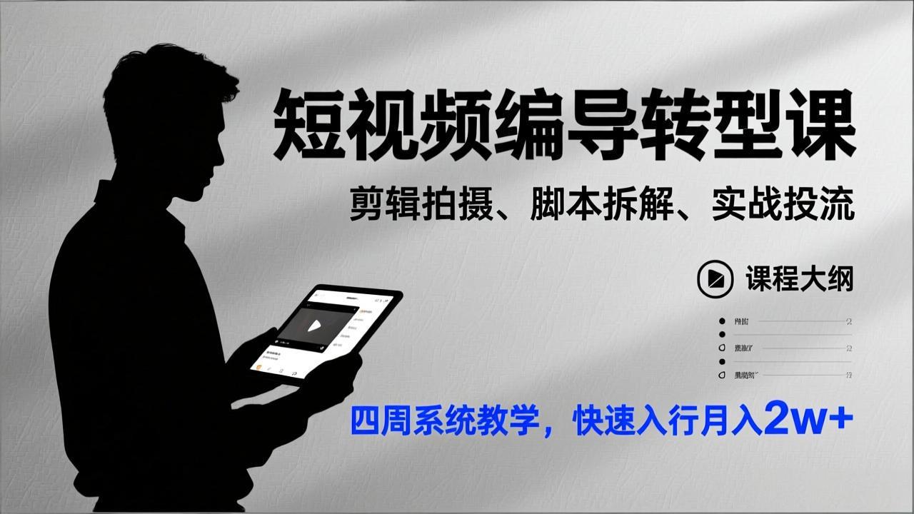 短视频编导转型课，剪辑拍摄、脚本拆解、实战投流，四周系统教学，快速入行月入2w+-知芽创业社