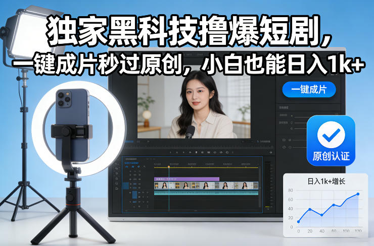 独家黑科技撸爆短剧，一键成片秒过原创，小白也能日入1k+【揭秘】-知芽创业社