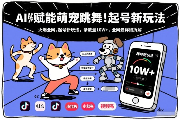 AI赋能萌宠跳舞，火爆全网，起号新玩法，条条播放量10W+，全网最详细拆解-知芽创业社