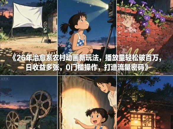 26年治愈系农村动画新玩法，播放量轻松破百万，日收益多张，0门槛操作，打造流量密码-知芽创业社