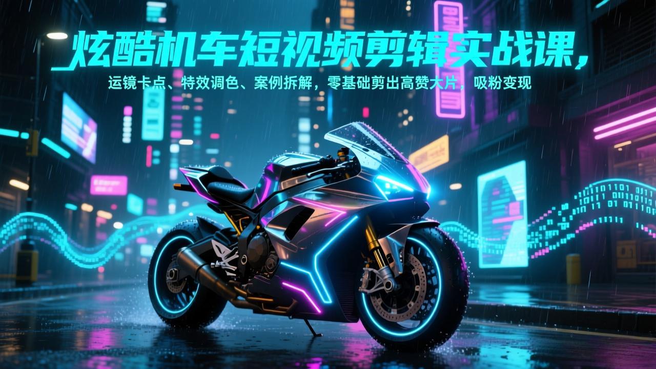 炫酷机车短视频剪辑实战课，运镜卡点、特效调色、案例拆解，零基础剪出高赞大片，吸粉变现-知芽创业社