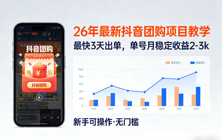 26年最新抖音团购项目教学，0门槛，最快3天出单，单号月稳定收益2-3k-知芽创业社