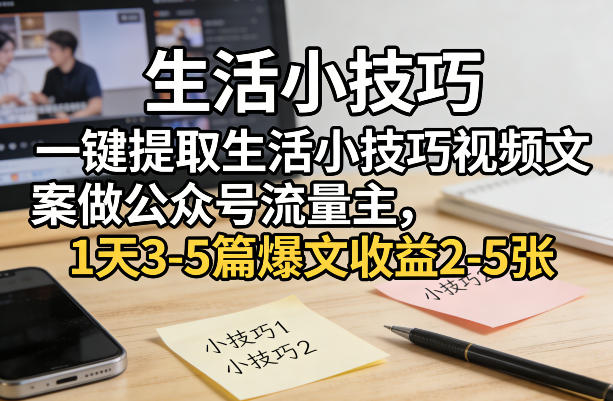一键提取生活小技巧视频文案做公众号流量主，1天3-5篇爆文收益2-5张-知芽创业社