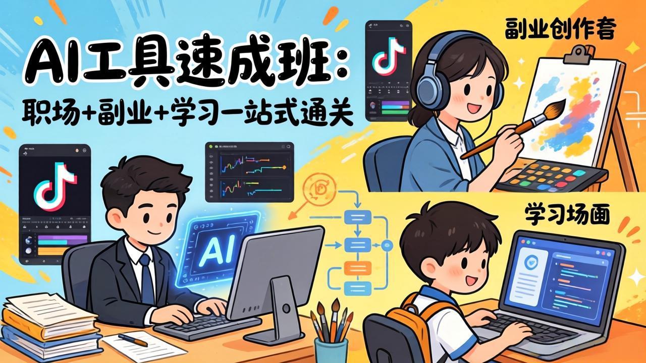 AI工具速成班：职场+副业+学习一站式通关，20+爆款类型+剪映技巧+抖音算法，0基础快速上手-知芽创业社