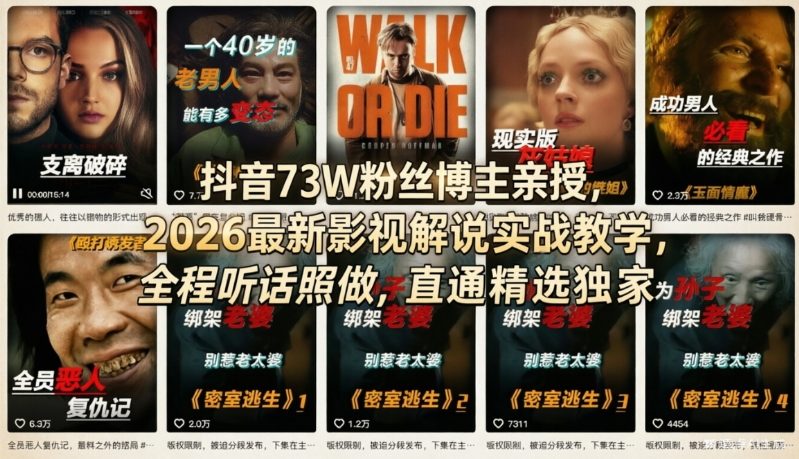 抖音73W粉丝博主亲授，2026最新影视解说实战教学，全程听话照做，直通精选独家-小艾项目网