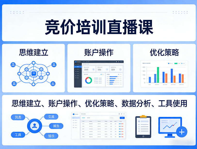 竞价培训直播课，覆盖思维建立、账户操作、优化策略、数据分析、工具使用等，全方位提升效果-小艾项目网