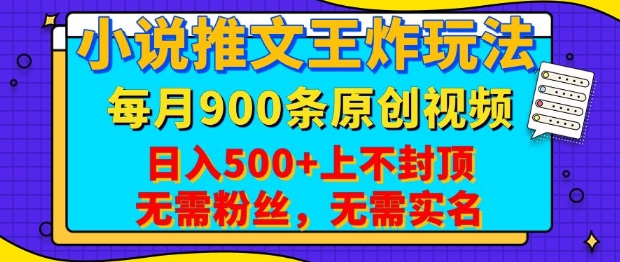 小说推文王炸玩法，一键代发，每月最多领900条原创视频，播放量收益日入5张，无需粉丝，无需实名【揭秘】-小艾项目网