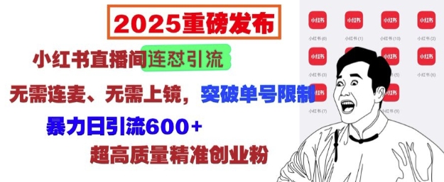 2025重磅发布：小红书直播间连怼引流，无需连麦、无需上镜，突破单号限制，暴力日引流600+-知芽创业社