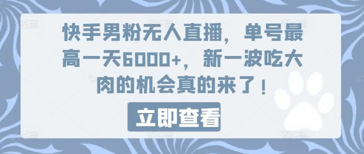 快手男粉无人直播，单号最高一天6000+，新一波吃大肉的机会真的来了-知芽创业社