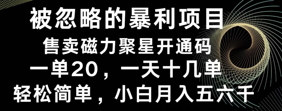 被忽略的暴利项目！售卖磁力聚星开通码，一单20，一天十几单，轻松月入五六千-知芽创业社