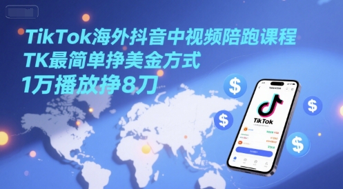TikTok海外抖音中视频陪跑课程，TK最简单挣美金方式，1万播放挣8刀-小艾项目网