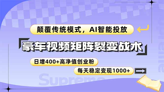 豪车视频矩阵裂变战术，颠覆传统模式，AI智能投放，日增400+高净值创业…-知芽创业社