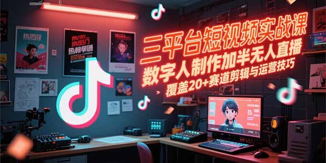 三平台短视频实战课，数字人制作加半无人直播，覆盖20+赛道剪辑与运营技巧-小艾项目网