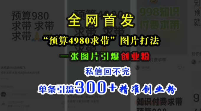 小红书“预算4980带我飞”图片打法，一张图片引爆创业粉，私信回不完，单条引流300+精准创业粉-知芽创业社