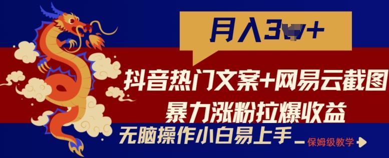 抖音热门文案+网易云截图暴力涨粉拉爆收益玩法，小白无脑操作，简单易上手【揭秘】-知芽创业社