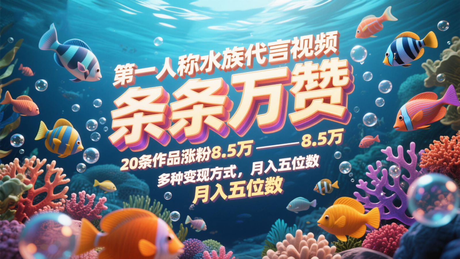 第一人称水族代言视频，条条万赞，20条作品涨粉8.5万，多种变现方式月，入五位数-知芽创业社