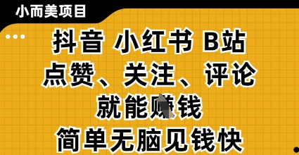 小而美的项目，抖音小红书B站视频点赞、关注、评论就能挣钱，简单无脑立见收益，妥妥的零撸项目【揭秘】-知芽创业社