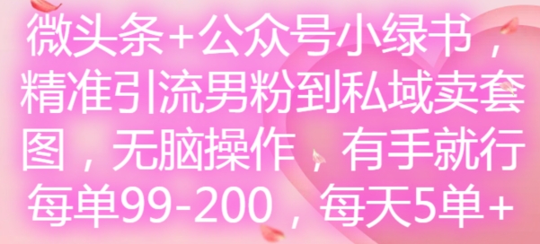 微头条+公众号小绿书，精准引流男粉到私域卖套图，无脑操作，有手就行，每单99-200，每天5单-知芽创业社